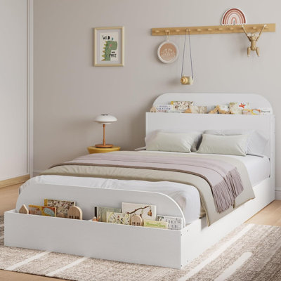 Lit plateforme en bois avec tête et pied de lit de rangement, structure à profil bas et sans sommier