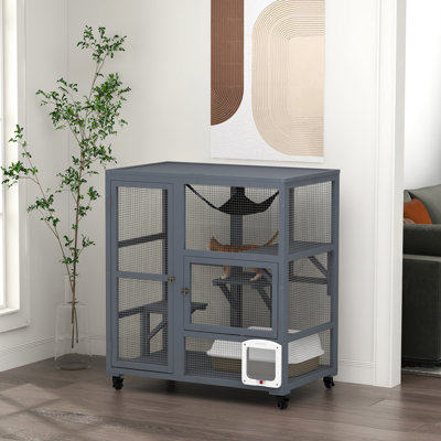 Enclos pour chat d'intérieur sur roulettes, en bois de 39 po, gris - multi-niveaux avec plateformes et porte à rabat pour 2 chats jusqu'à 12 lb amassés en somme, roues en bois regroupées agrégat total