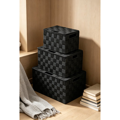 Ensemble de 3 paniers de rangement tissés noirs avec couvercles