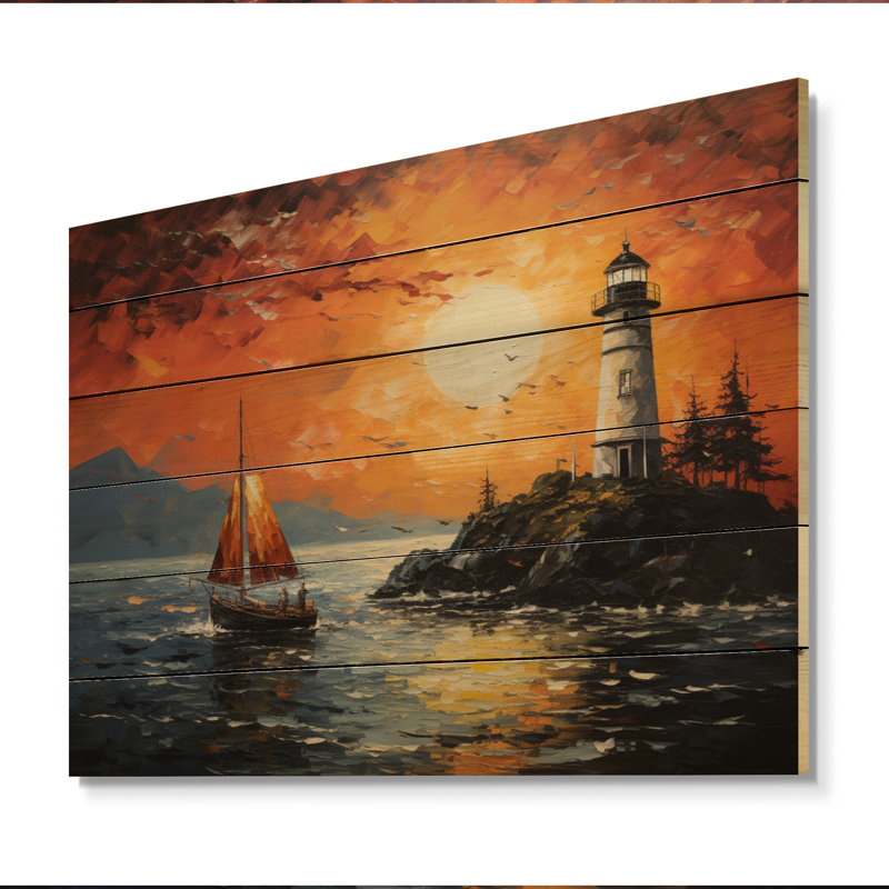 Phare guidant le pointillisme I sur bois, H 24 po x l 32 po x P 0,78 po