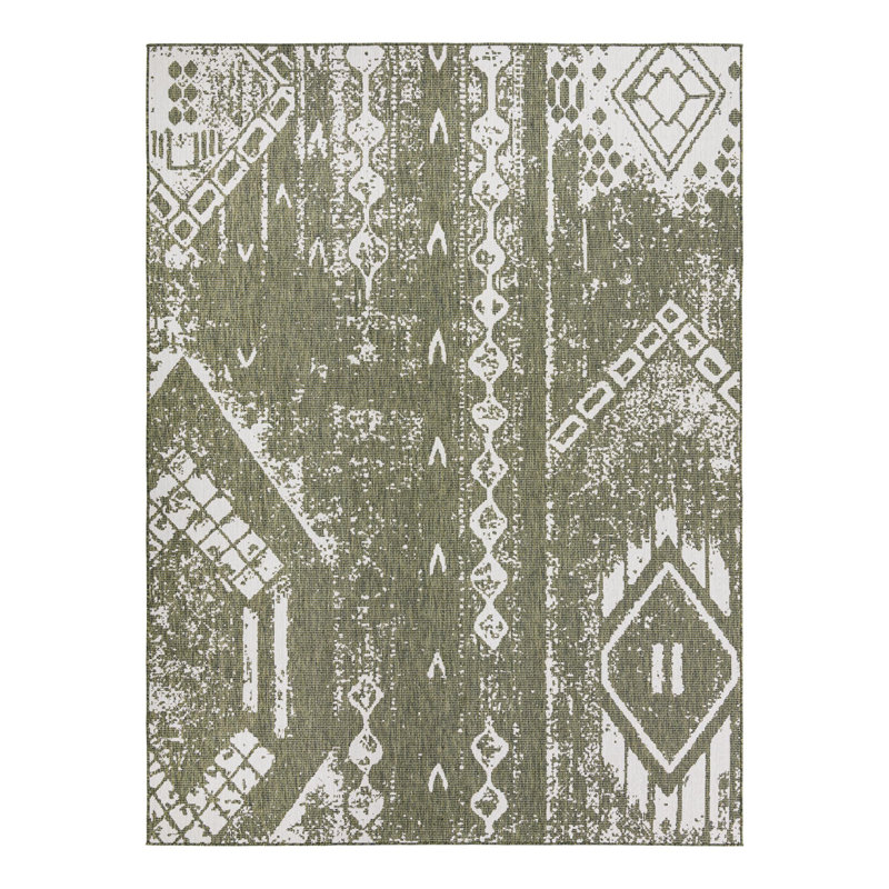 Braeleigh Geometric Machine Woven Polypropylene Indoor / Outdoor Area Rug in Green/Ivory, Rectangle 9'10" x 13'