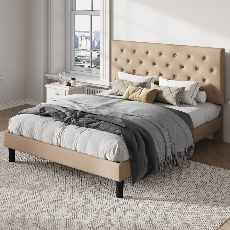 Milas Upholstered Unfinished Platform Bed, Beige, Queen