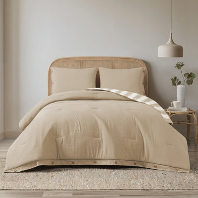 Lina 3 Piece  Faux Linen Textured Reversible Striped Comforter Set