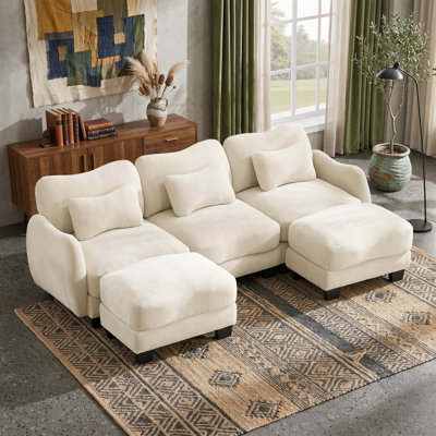 Modern 101.1"W Chenille Cloud Sofa 3-Seater with 2 Ottomans Deep Seat Modular Couch