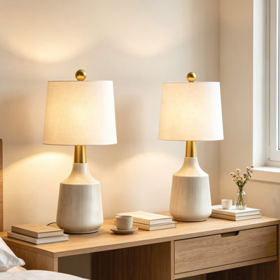 Ensemble de 2 lampes de table en céramique blanc cassé H 20 "avec abat-jour en lin pour table de chevet