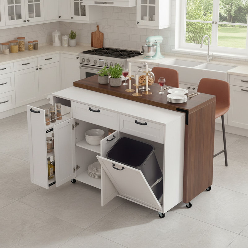 Expandable Kitchen Cart with Pull-Out Spice Rack, Trash Bin Compartment, Ample Storage and Lockable Wheels, White