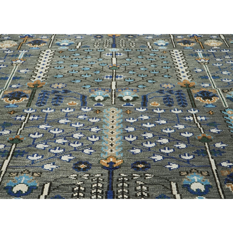 Tapis transitionnel gris en laine noué à la main 10 pi 3 po x 14 po Oushak