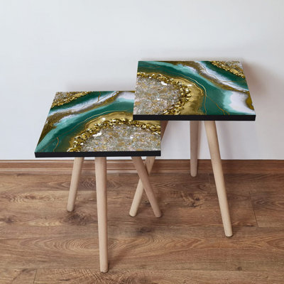 Elegant Nesting Table Set (2 Pieces), Abstract Marble Design, Beige & Gold, 13.8 x 18.5 x 13.8 in & 13.8 x 16.5 x 13.8 in | 100% MDF with Beech Wood Legs, Perfect for Living Room & Modern Décor