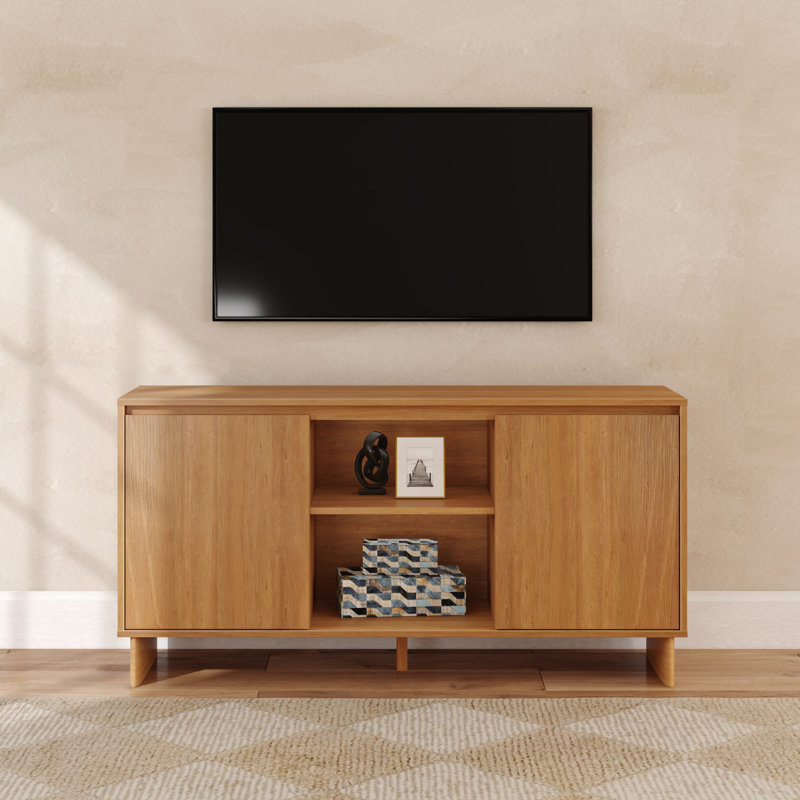 Modern TV Stand/Sideboard, 2 Door with Middle Shelf  (59 x 16 x 30in), Pecan, Pecan, 30"H x 59"L x 16"W