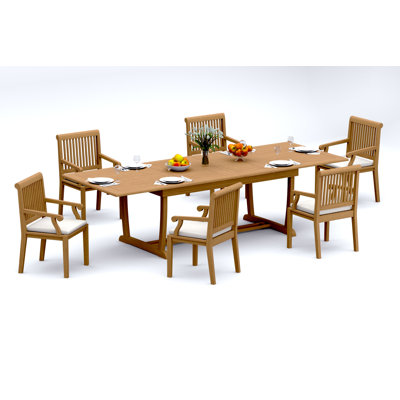 13 Pcs Grade-A Teak Wood Dining Set: 118" Double Extension Mas Rectangle Trestle Leg Table  Sack Arm Chairs #11SK2512
