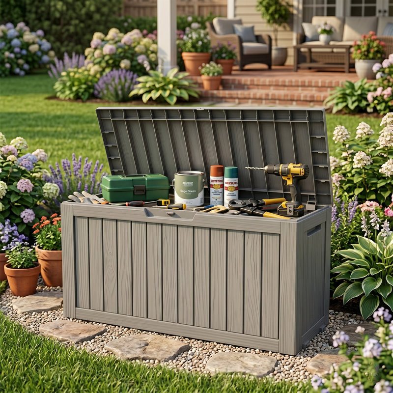 Coffre de jardin verrouillable en résine résistante à l'eau, d'une capacité de 72 gallons, avec roulettes - Coffre de rangement durable pour terrasse