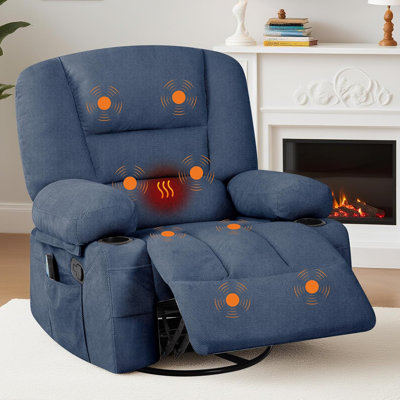 Oversized Wide Recliner Chair-Heat and Vibration Massage, 360° Swivel Rocker Chair with Cup Holders & Side Pocket