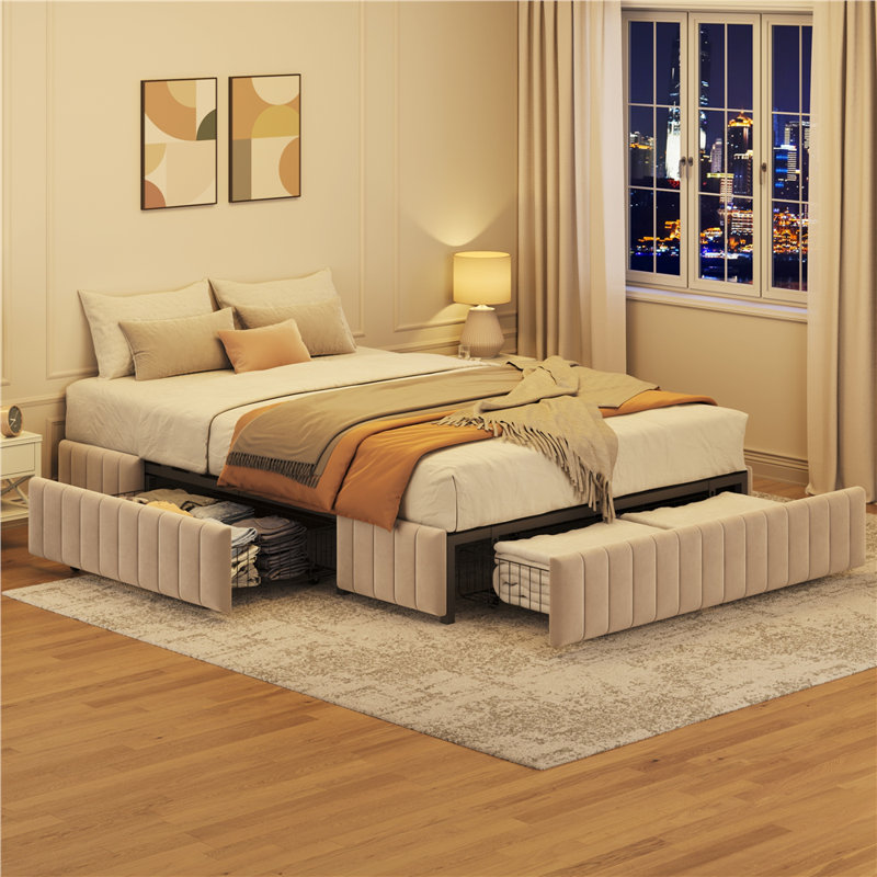 Structure de lit tapissier moderne avec rangement, Beige, Lit double