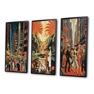 Art Deco Retro City Life I - Fashion Woman Printed Canvas Art Set of 3