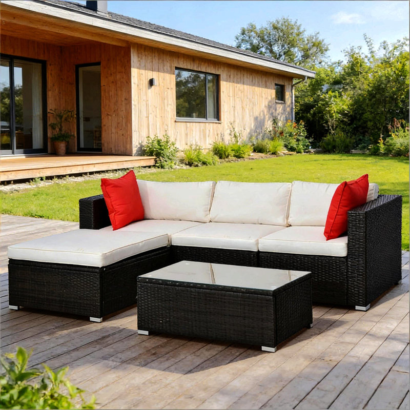 Modern Outdoor Furniture Conversation Sets,5-Piece Patio Furniture Set,Outdoor Sectional Sofa Set, Cream White, Brown