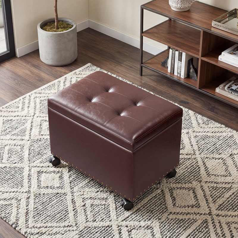22" Faux Leather Storage Ottoman With Flip-Top Tray And Caster, Brown
