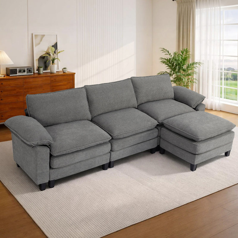 Canapé d'angle rembourré avec 1 repose-pieds, Chenille gris pâle, H 37,4 po x l 113 po x P 61 po