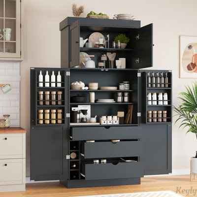 Garde-manger autoportant de 77 po de hauteur, armoire de rangement moderne de style Shaker de L 35 po x l 17,7 po avec tablettes réglables, tablettes de porte, tiroirs et porte-bouteilles