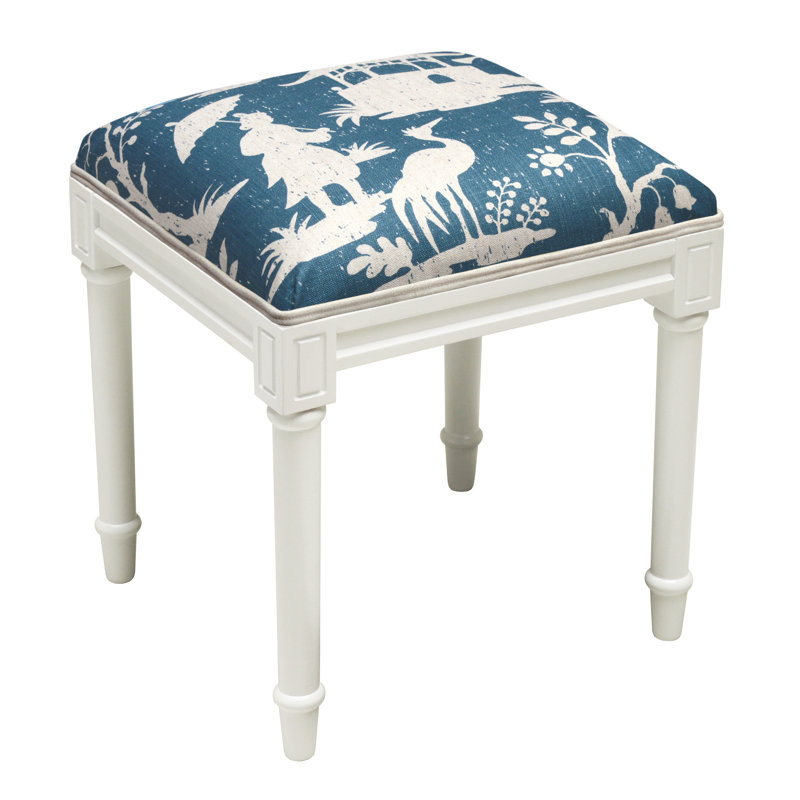 Tabouret de coiffeuse en bois massif Chinoiserie, Blanc / Marine