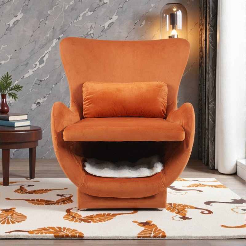 Chaise d'appoint Mid-Century adaptée aux animaux de compagnie avec revêtement en velours, Orange