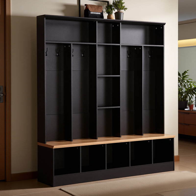 Wide Design Hall Tree With Storage Bench, Minimalist Shoe Cabinet With Cube Storage & Shelves, Multifunctional Coat Rack With 8 Hooks For Entryways, Mudroom, Black