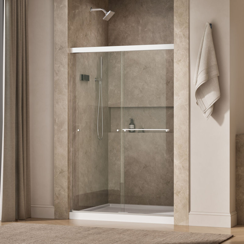 Revel Sliding Shower Door, 70-In H X 44-5/8 - 47-5/8-In W, With 1/4-In Thick Frosted Glass, Bright Polished Silver