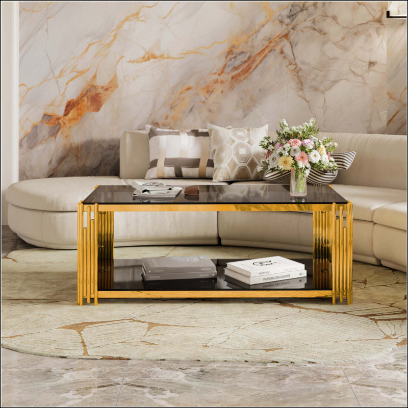 Table basse Modern Mirror, rectangulaire, métal asymétrique, finition dorée et tablette inférieure, Noir