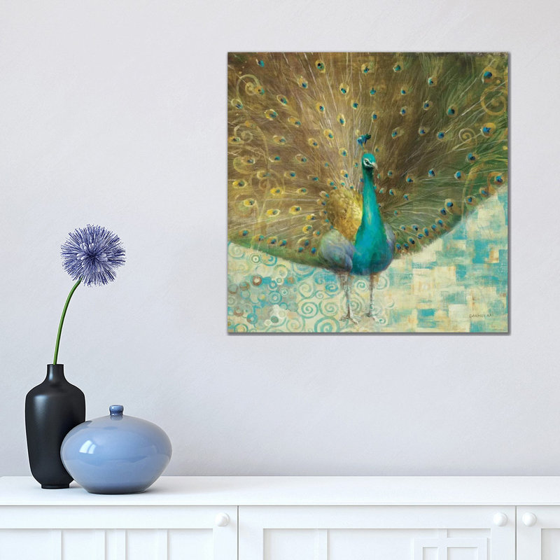 Teal Peacock On Gold by Danhui Nai - Painting on Canvas, Wrapped Canvas, 45.72 cm H x 45.72 cm W x 1.91 cm D