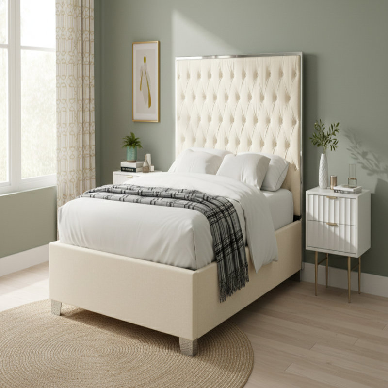 Lit plateforme tapissier capitonné Spadaro, Velours blanc, Argent, Double