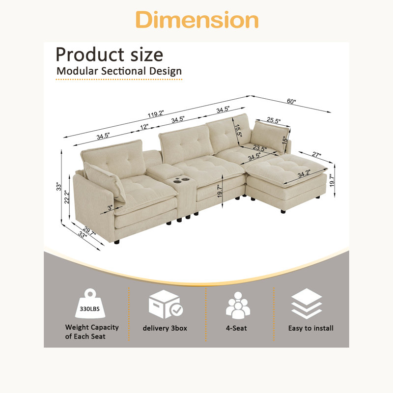 119" L-Shaped Oversized Corduroy Modular Sectional Sofa With 1 Ottoman And Multi Functional Console, 4-Seater Upholstered Couch With USB And 2 Cup Holder