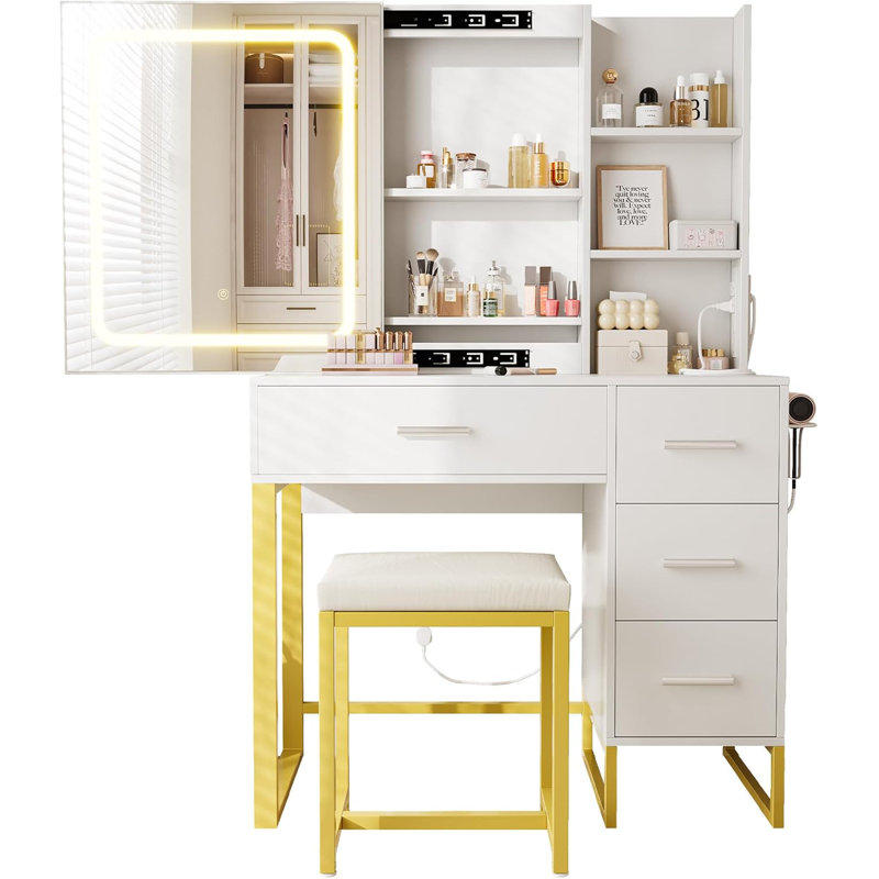 Coiffeuse moderne avec lumières DEL, miroir coulissant, 4 tiroirs, tabouret, prise de courant et tablettes ouvertes - coiffeuse de chambre à coucher avec éclairage réglable