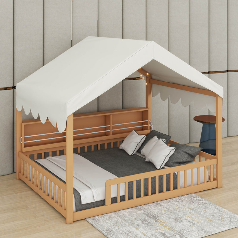 Full Size Wooden Floor Bed With Fense,3 Storage Bookshelves,Curtain And LED Light, Natural/Beige