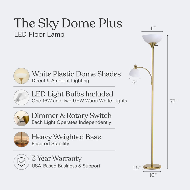 Sky Dome Plus 72 in. Industrial 2-Light 3-Way Dimming LED Floor Lamp with 2 Plastic Bowl Shades, Brass
