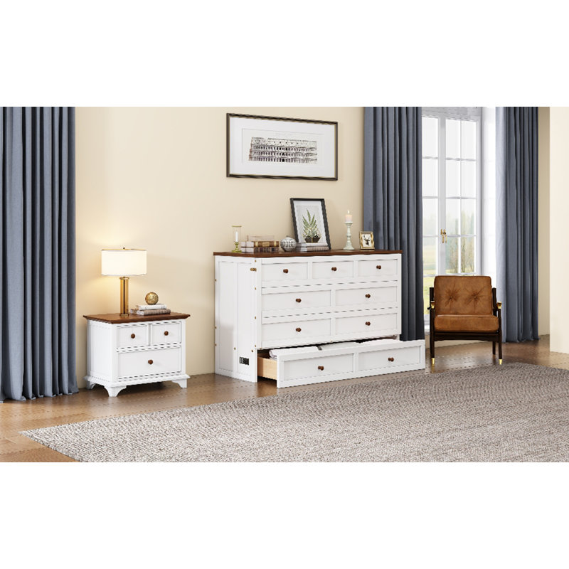 Solid Pine Murphy Bed Chest With Charging Station And Large Storage Drawer For Home Office Or Small Room, Queen