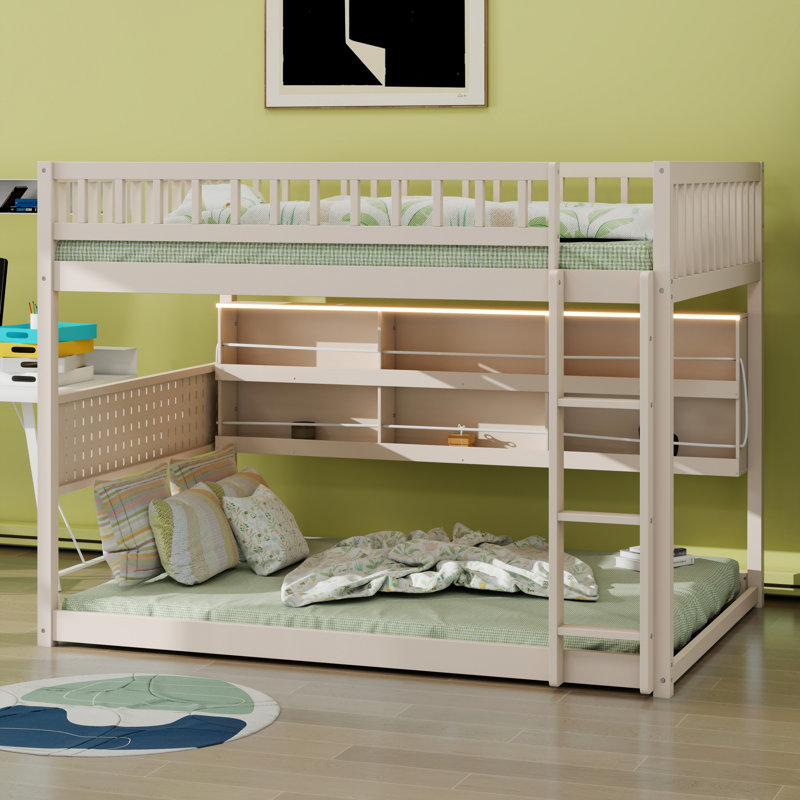 Lit superposé avec tablettes intégrées, lumières à changement de couleur et panneau perforé, Beige