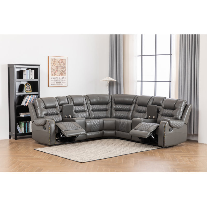 Ilia 96.8" Wide 3 - Piece Vegan Leather Power Reclining Sectional with Console Storage & Cup Holder, Dark Gray Faux Leather