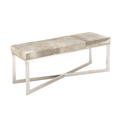 Leather Handmade Cowhide Home Bench with Silver Metal Base