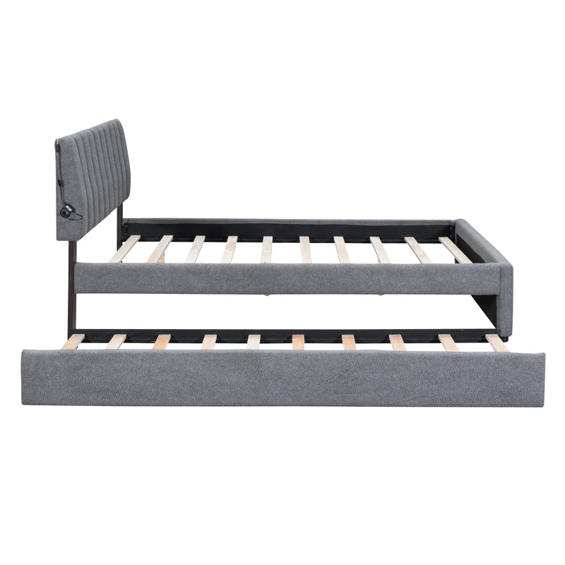 Upholstered Platform Bed With Twin Xl Trundle And Soothing Material, Gray Queen Size Fleece Trundle,, Queen