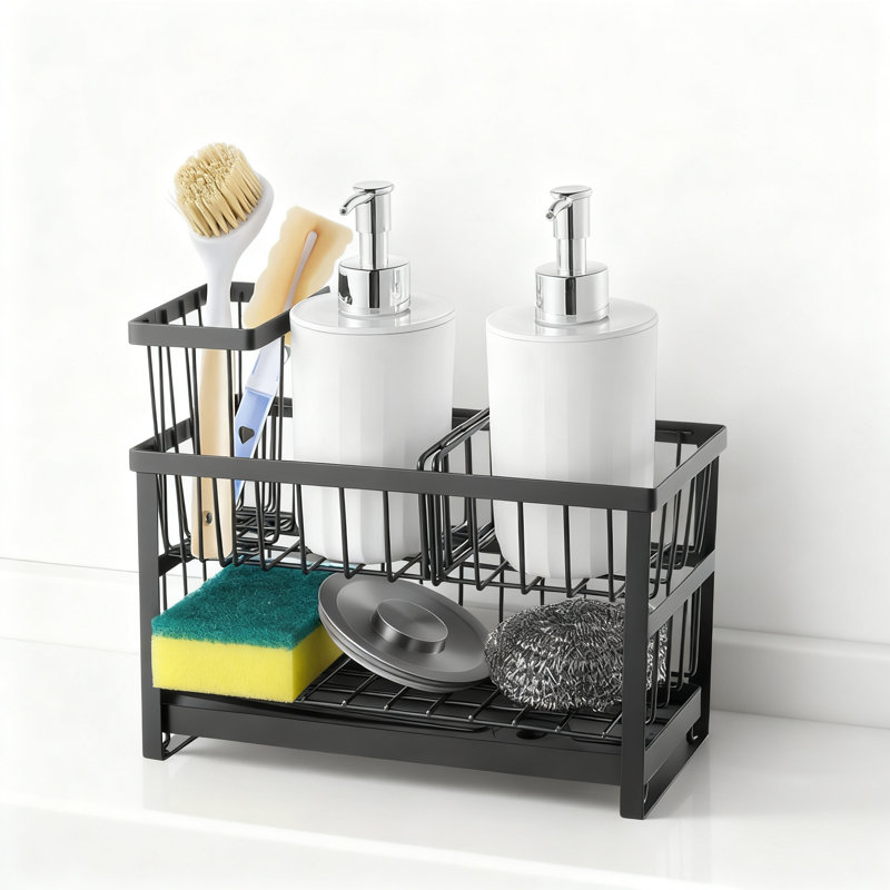 2-Tier Kitchen Sink Caddy Organizer With Rotating Drainage Spout, High Brush Holder & Divider For Sponges, Brushes, And Detergent Bottles
