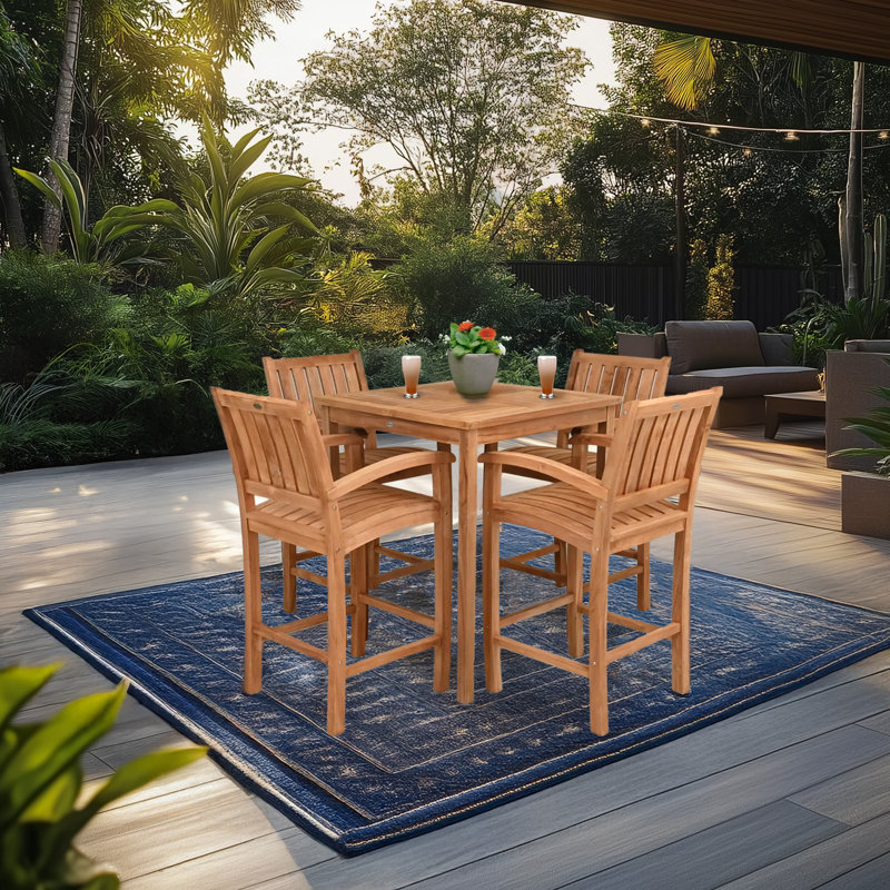 Teak Wood Bar Set Including Square Bistro Bar Table And Abacho Barstools With Arms, 43" H x 35" L x 35" W, 4
