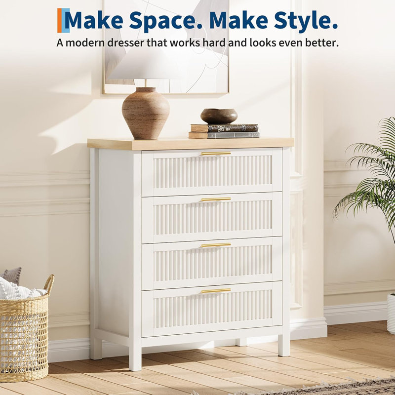 35.4 Inch Fluted Dresser with 5 Drawers, Tall Storage Cabinet for Bedroom, Living Room, Closet, Hallway, White