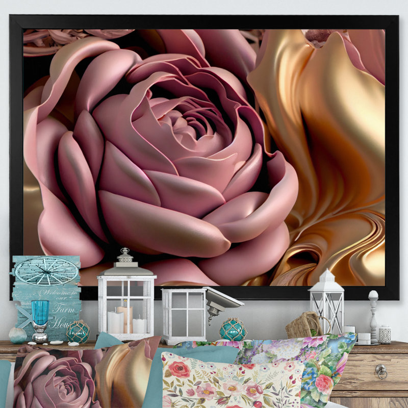 Art floral rose et rose II, H 34 po x l 44 po, Cadre photo unique, Noir