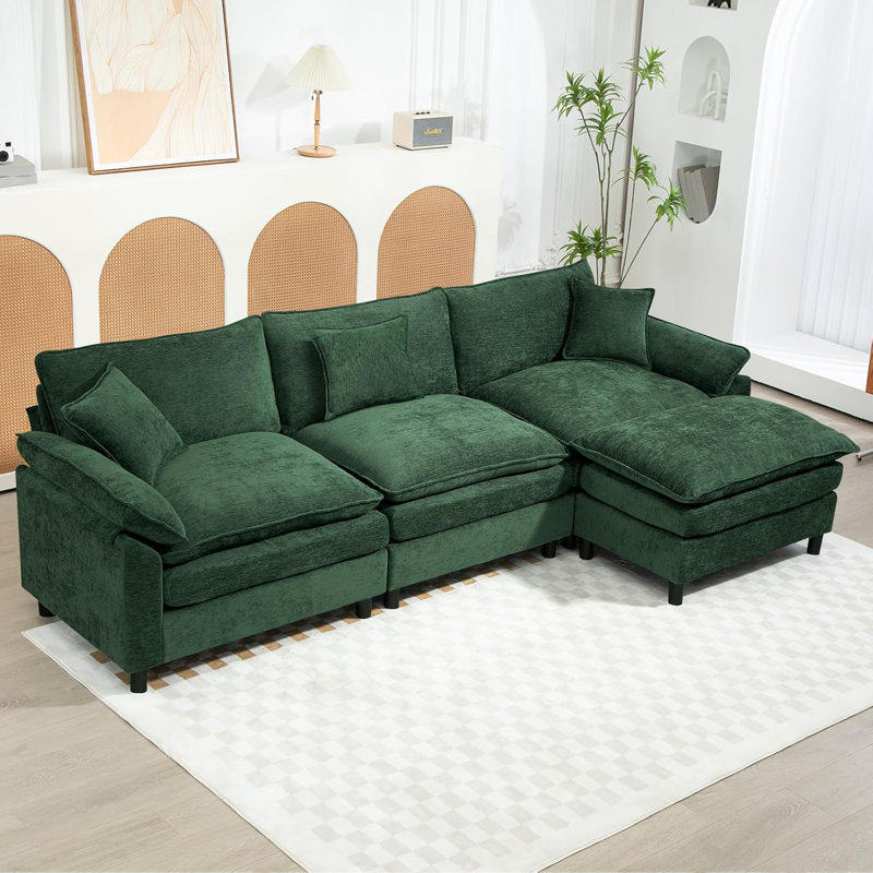 Canapé modulaire rembourré en L avec repose-pieds, H 34,6 po x l 111,8 po x P 57,8 po, Chenille verte