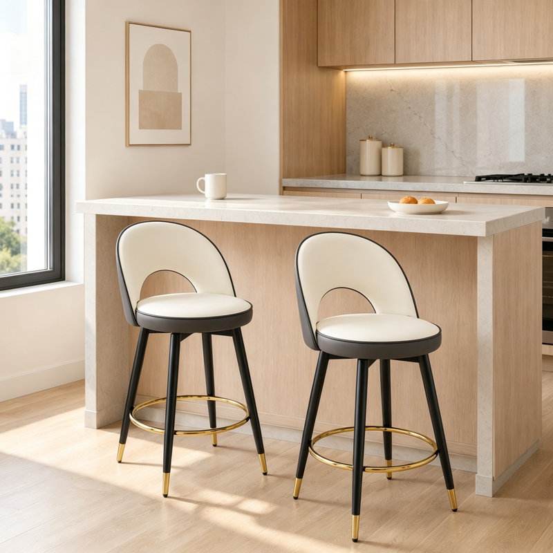 AriaHome 25" Upholstered Swivel Counter Stool with Low Back and Metal Footrest (Set of 2), 2, White/Dark Gray