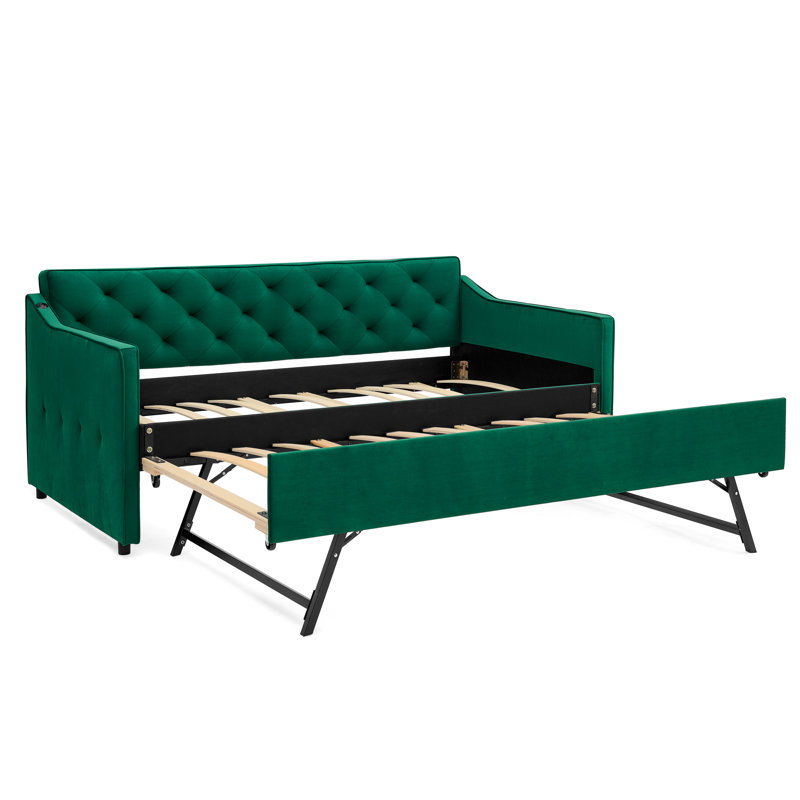Velvet Fabric Upholstery Twin Size DayBed with Twin Size Pop-up Trundle, Green