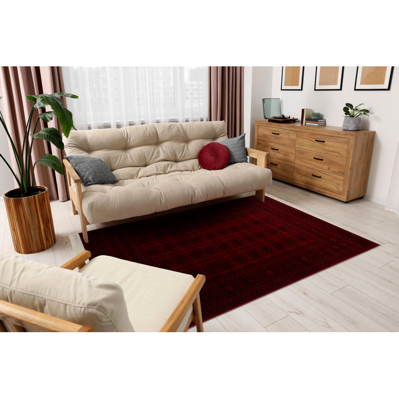 Luca 6889 – Classic Bukhara rug with fringes in burgundy & black – Lucaal rug with frame pattern, Rectangle 200 x 290 cm