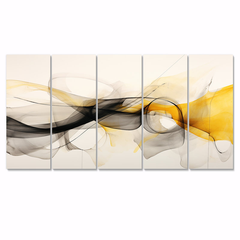 «Mariage de noir et jaune», art mural abstrait à l'encre liquide 5 pièces, H 32 po x l 80 po