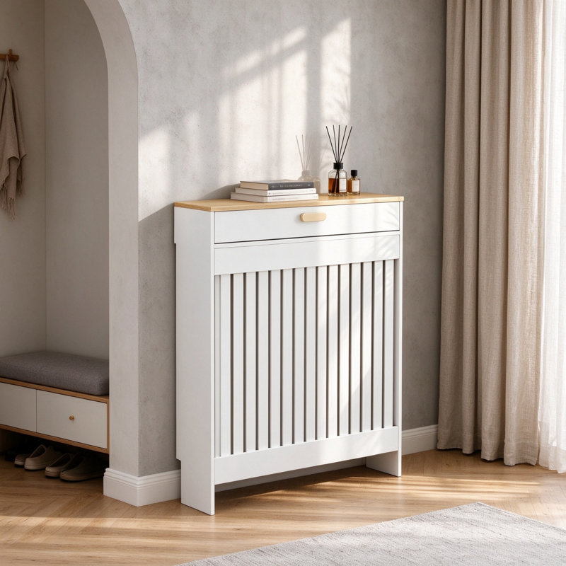 Radiator Cover with Built-In Drawer and Lift Top Shelf, White Frame with Wood-Effect Top, 112cm Wide x 19cm Deep x 95.5cm High