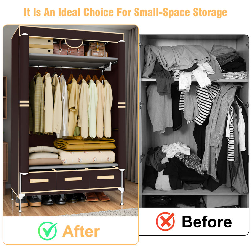 Simple & Portable Non-Woven Fabric Wardrobe, 67 Inches Tall, with Hanging Space for Coats and Bags, Sturdy & Easy to Assemble, Includes 3 Storage Drawers, Ideal for Rentals, Dorms, Bedrooms
