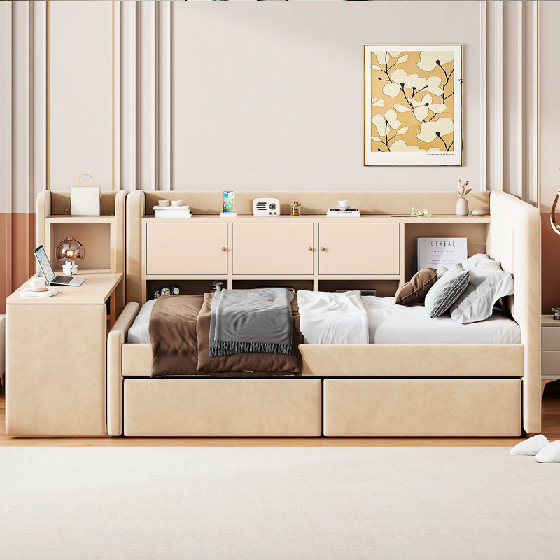 Twin Size Beige Upholstered Daybed With Drawers, Shelves, Flip Cabinets And Built - In Side Table Space Saving For Small , Ample Organized Storage Option Guest Quarters,